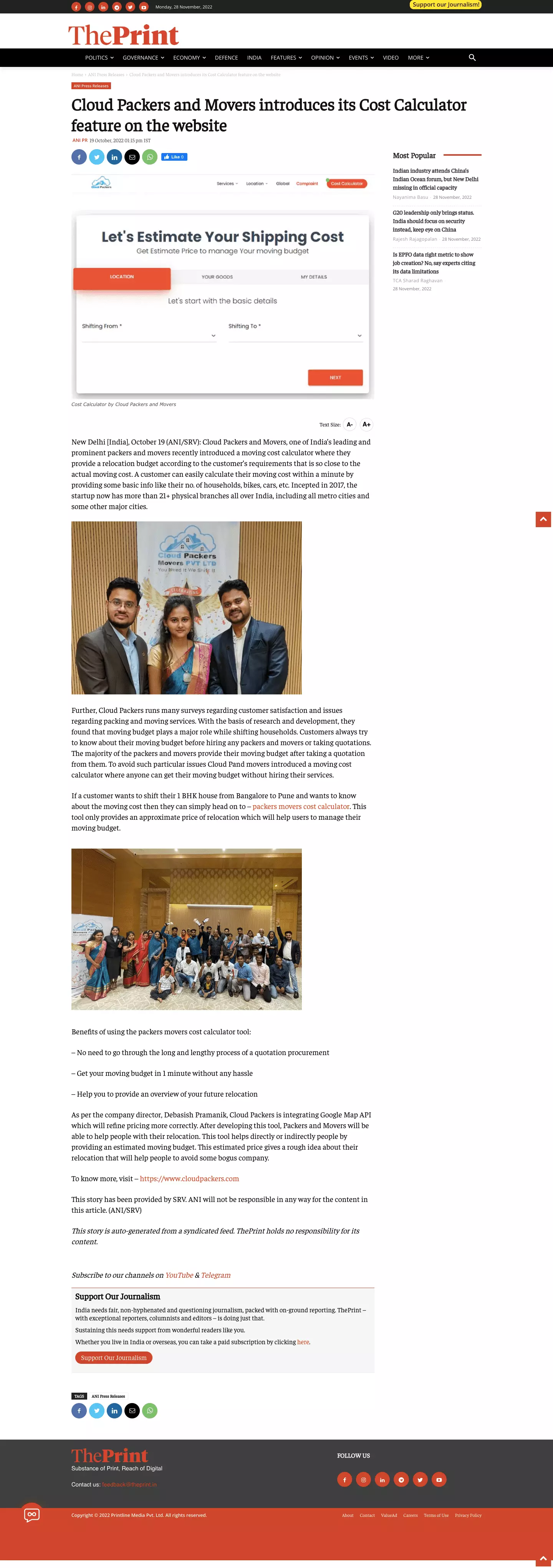 screenshot  of cloud packers news from theprint
